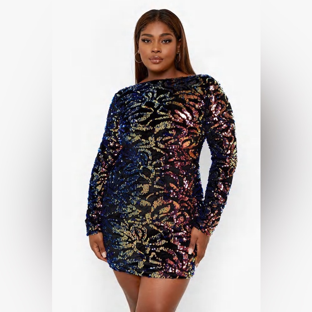 Boohoo Plus Navy Multi Sequin Long Sleeve Mini Dress